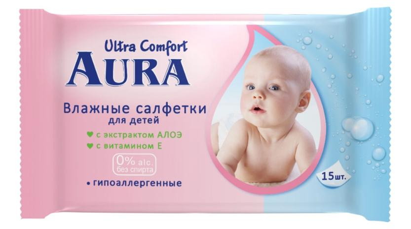Детские влажные салфетки Aura Ultra Comfort 15 шт. компакт