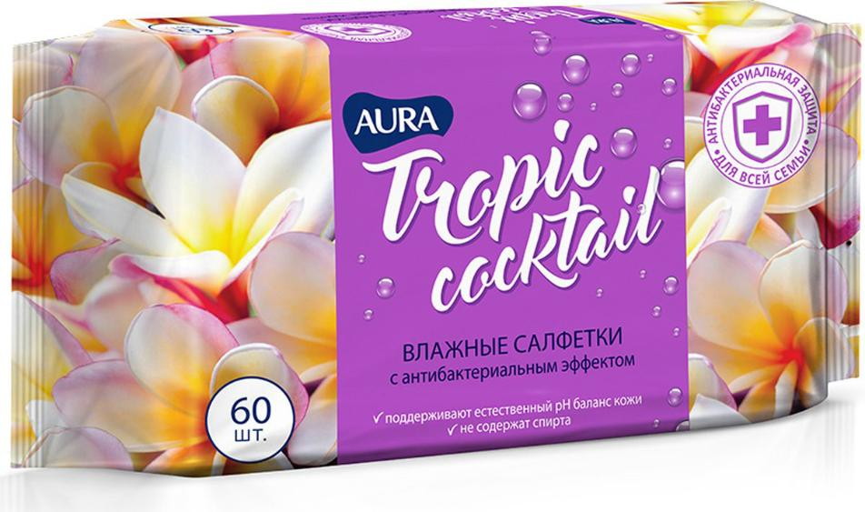Детские влажные салфетки Aura c антибактериальным эффектом в ассортименте Tropic Cocktail 60 шт.