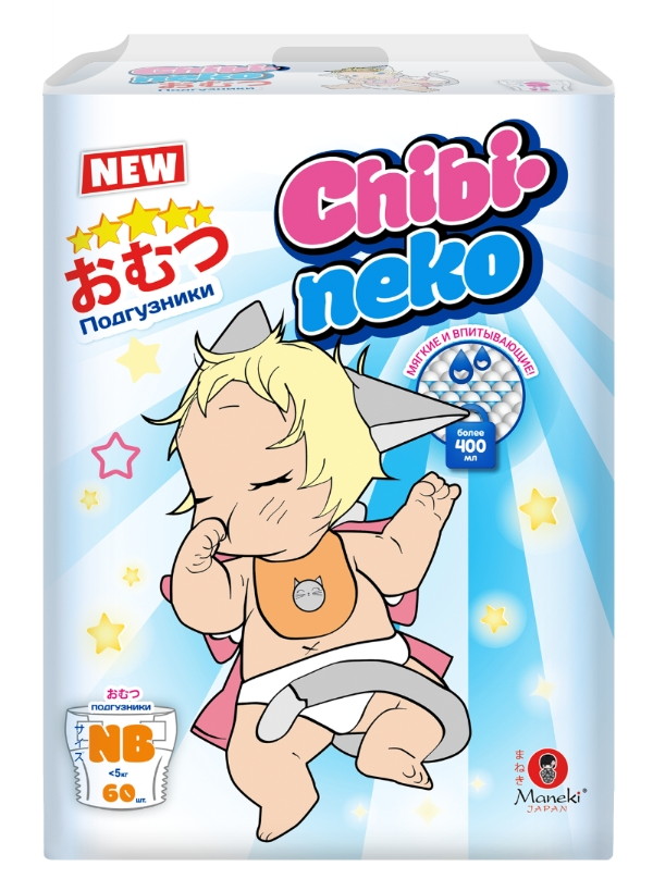 Подгузники детские одноразовые Maneki Chibi-neko, размер NB, до 5 кг, 60 шт.