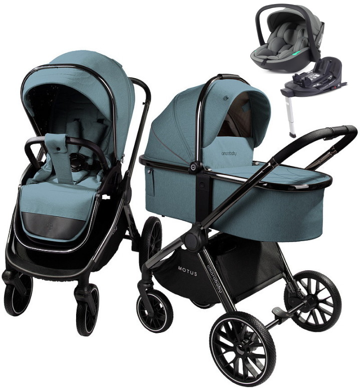 Детская коляска AmaroBaby Motus V2 4 в 1 с автокреслом Rant Miro Olive и базой бирюзовый