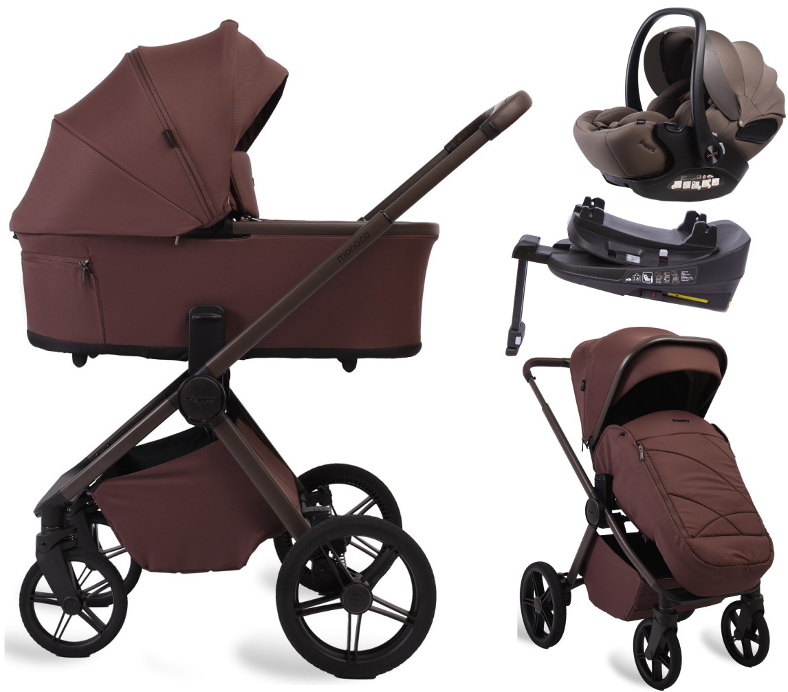 Детская коляска Peppy Monaco Plus 4 в 1 с автокреслом Verona Brown и базой Burgundy (винный), рама коричневая