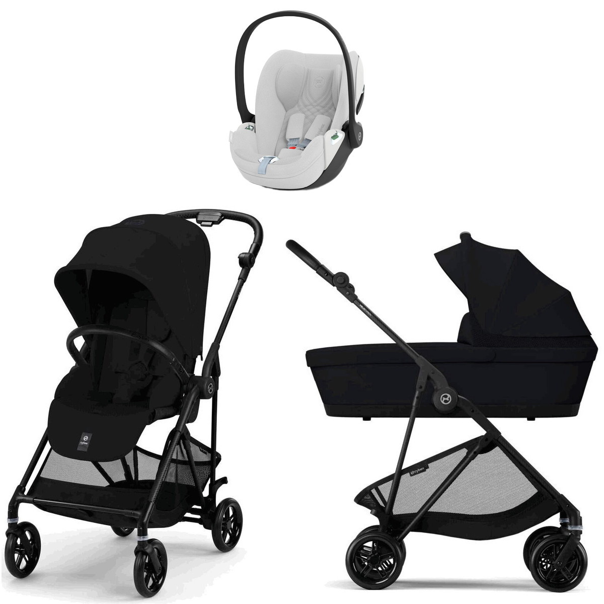 Коляска Cybex Melio Carbon Cloud T i-Size Platinum White Plus 3 в 1 Magic Black с дождевиками
