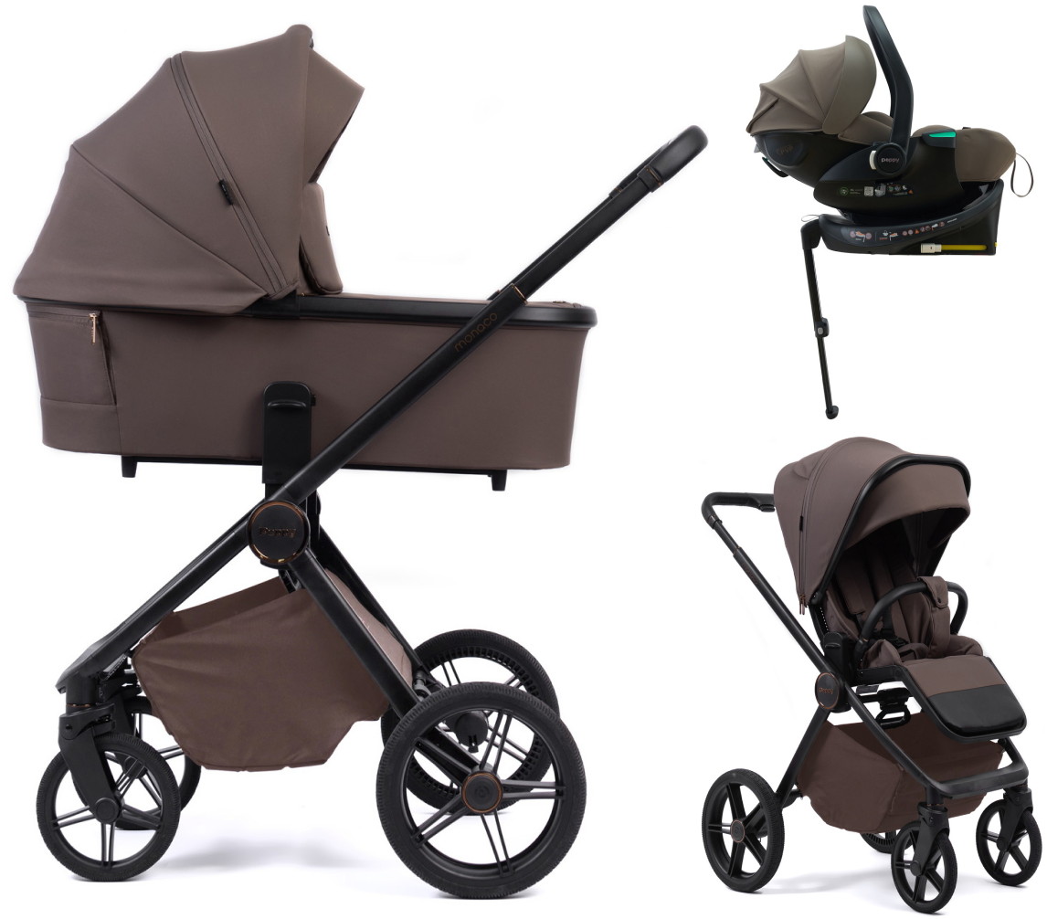 Детская коляска Peppy Monaco Plus 4 в 1 с автокреслом Jet Brown и базой Brownie (коричневый), рама черная