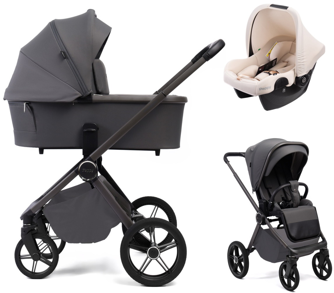 Детская коляска Peppy Monaco Plus 3 в 1 с автокреслом Rise Milk Antrazit (графитовый), рама серая