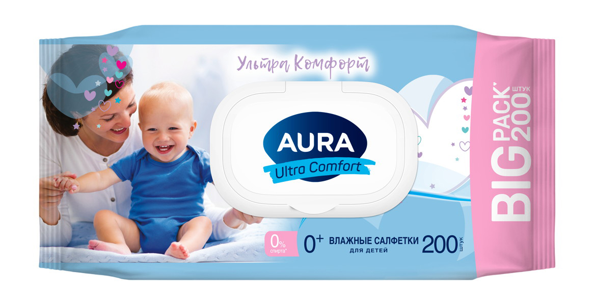 Детские влажные салфетки Aura Ultra Comfort с крышкой 200 шт.