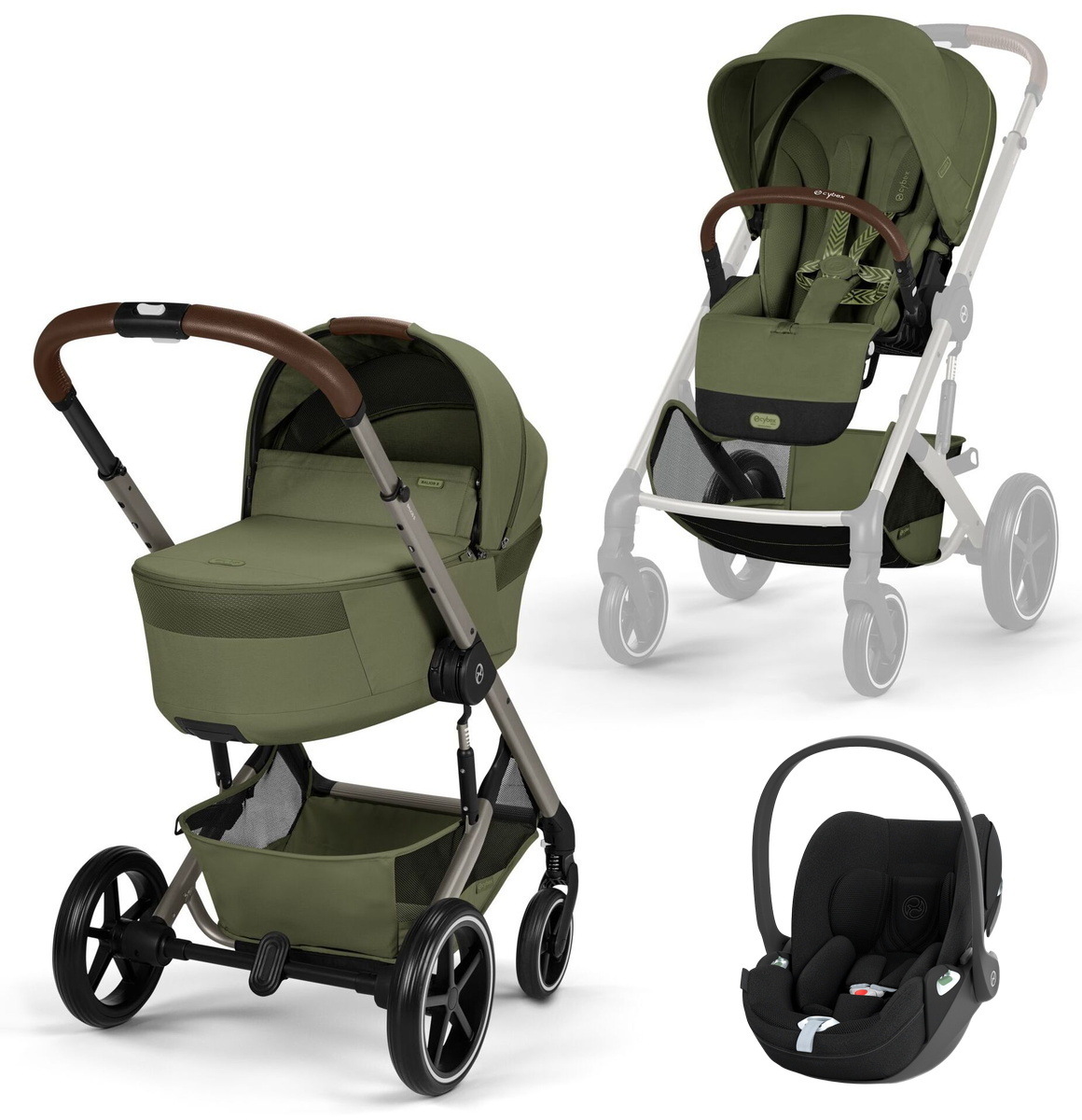 Коляска Cybex Balios S Lux Fold Cot TPE Cloud T Sepia Black Plus 3 в 1 Moss Green с дождевиками