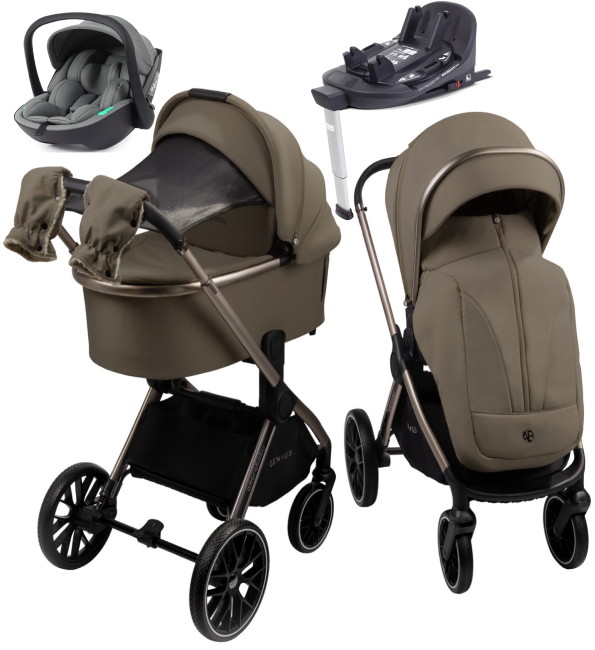 Детская коляска AmaroBaby Genius 4 в 1 с автокреслом Rant Miro Olive и базой коричневый
