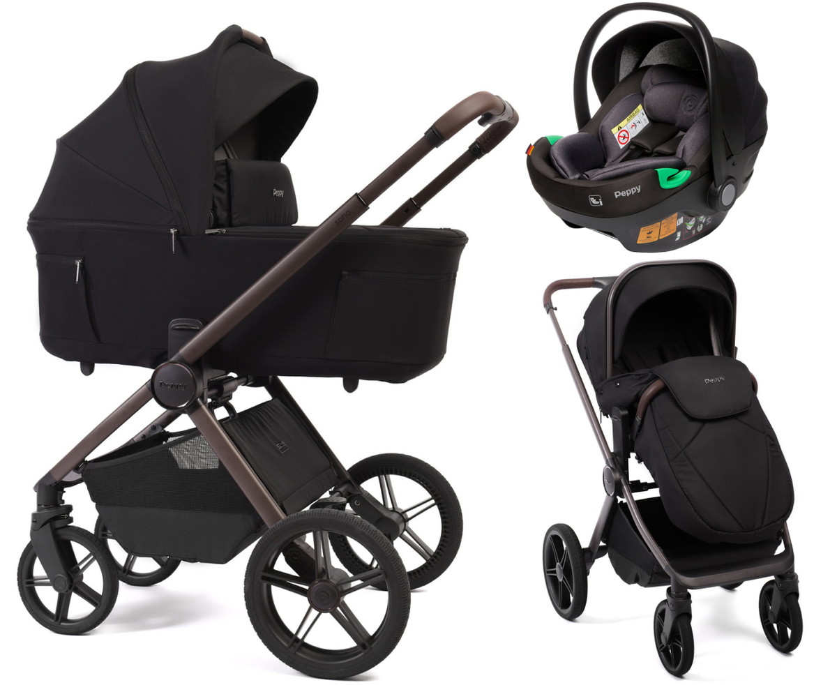 Детская коляска Peppy Soho 3 в 1 с автокреслом First Black (черный) рама шоколад