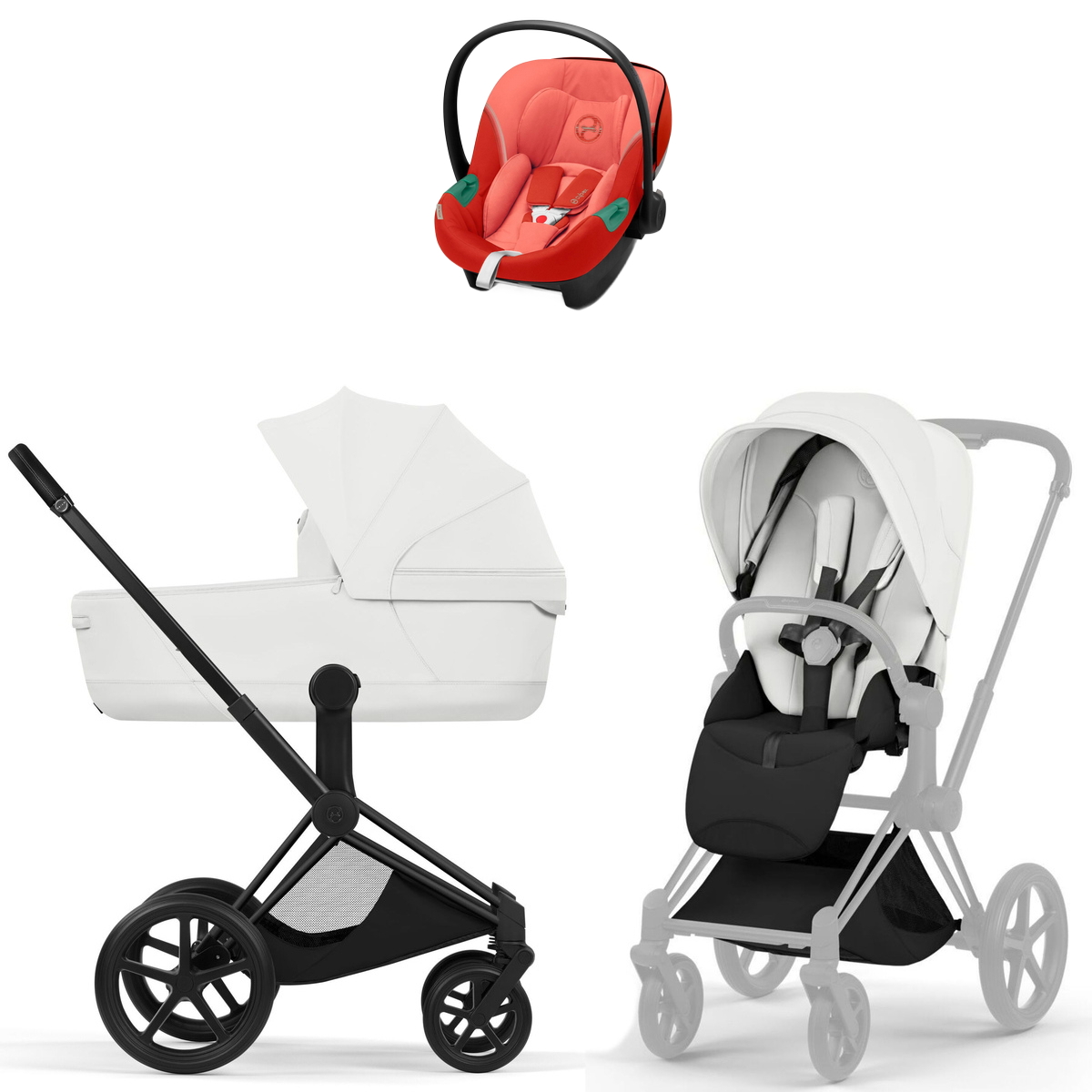 Коляска Cybex Priam V Matt Black Style Aton S2 Hibiscus Red 3 в 1 Off White