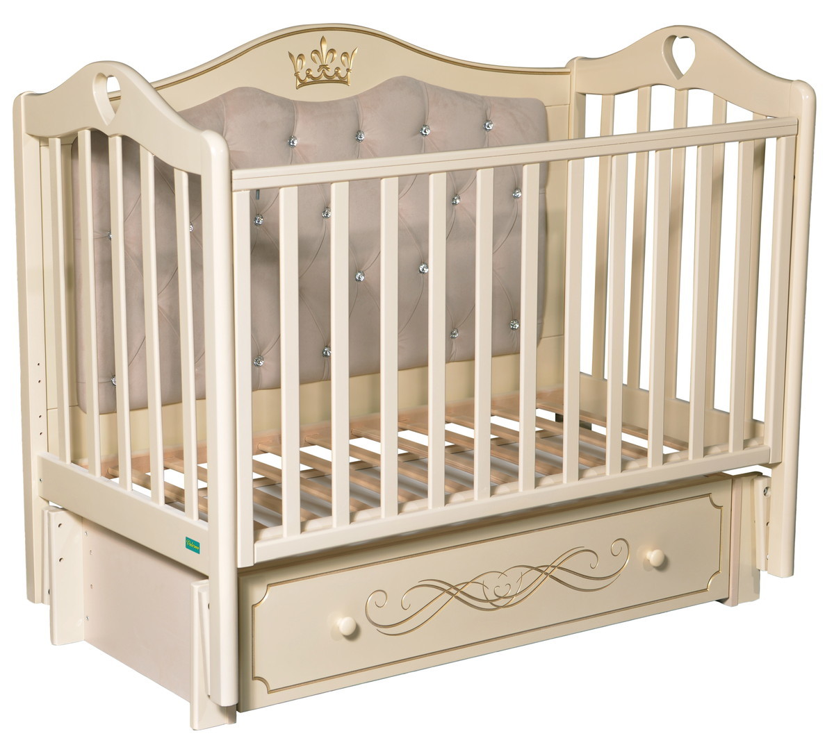 Детская кроватка Palermo Linda Elegance Premium с маятником, мягкая стенка слоновая кость