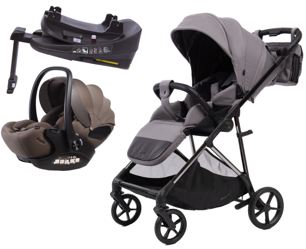 Прогулочная коляска Peppy Amici с автокреслом Verona Brown и базой Grey рама Black Chrome
