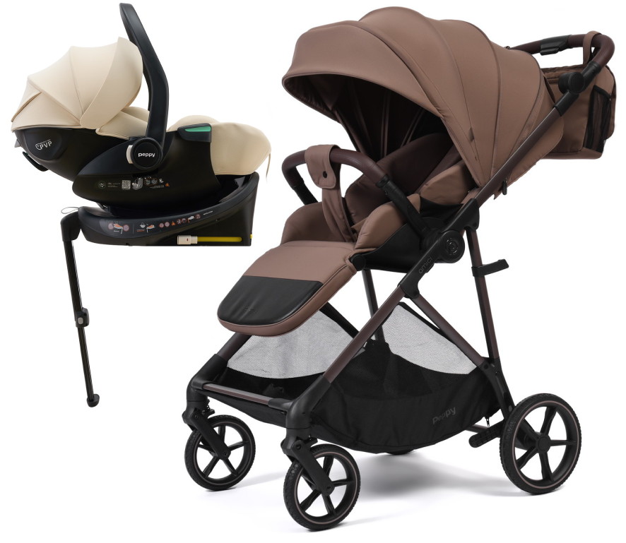 Прогулочная коляска Peppy Amici с автокреслом Jet Beige и базой Mocca рама Mocca