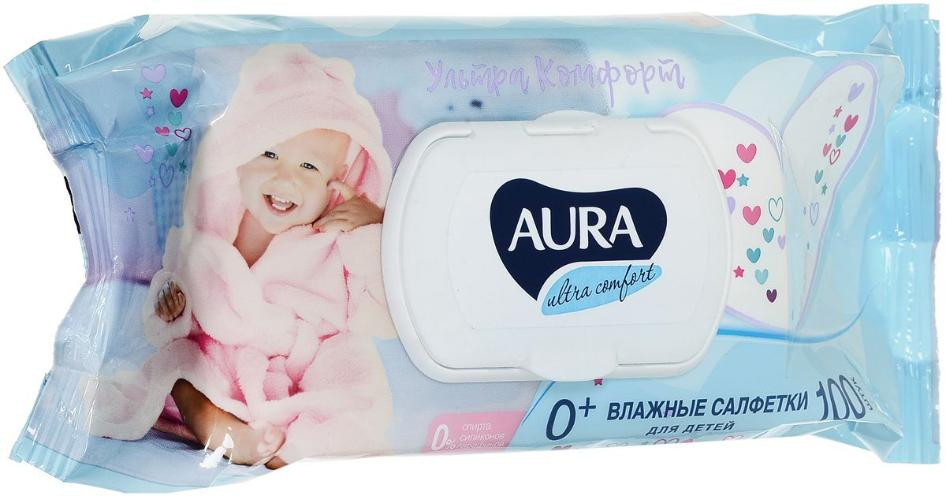 Детские влажные салфетки Aura Ultra Comfort с алоэ и витамином Е 100 шт с крышкой