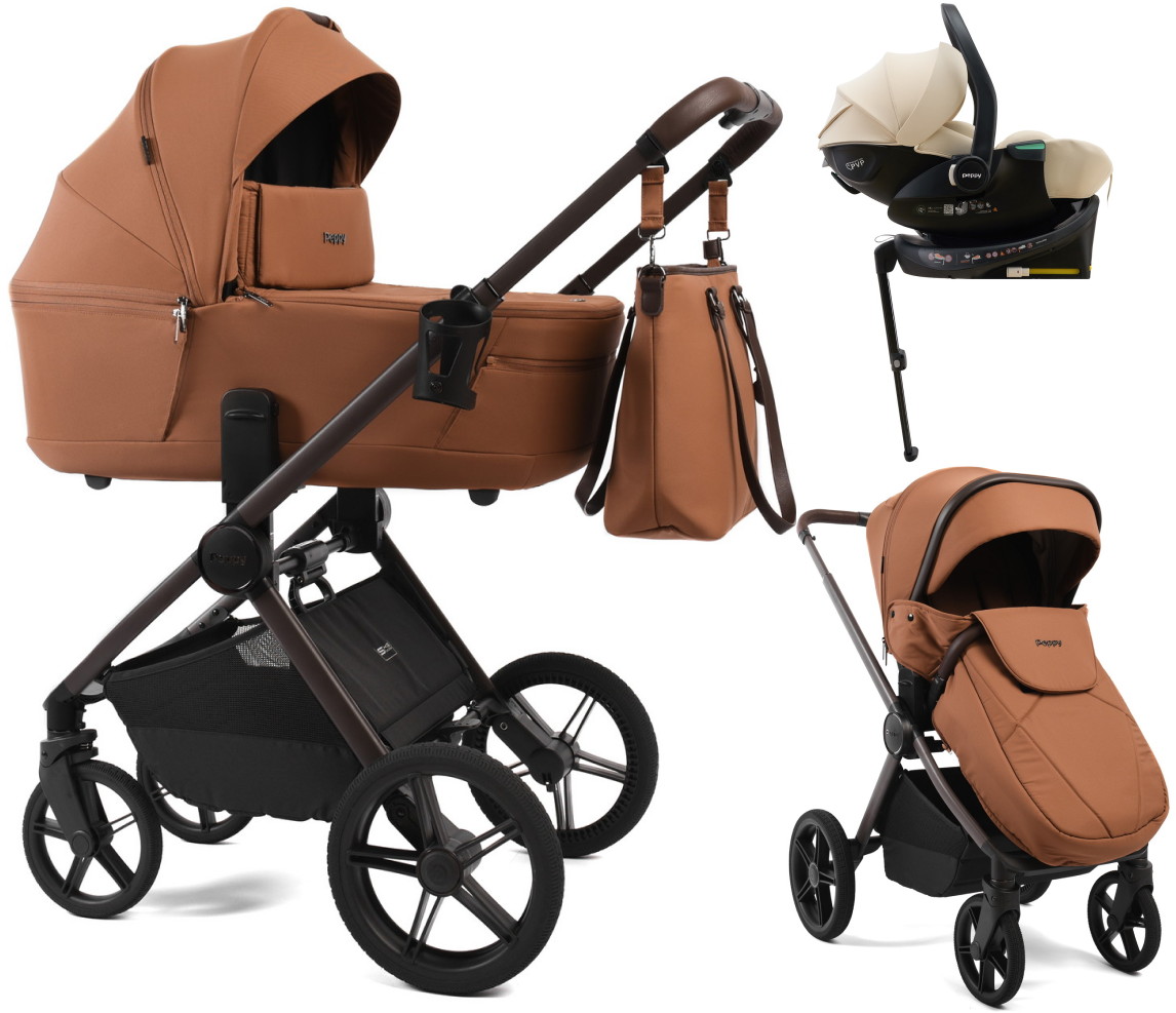 Детская коляска Peppy Monaco Thermo 4 в 1 с автокреслом Jet Beige и базой Biscuit (бисквит), рама серо-коричневая