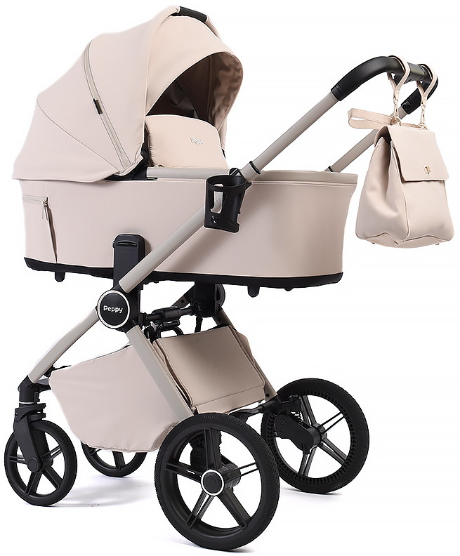 Детская коляска Peppy Monaco Plus 3 в 1 с автокреслом Welldon Crown 2 Grey Cream (кремовый), рама бежевая