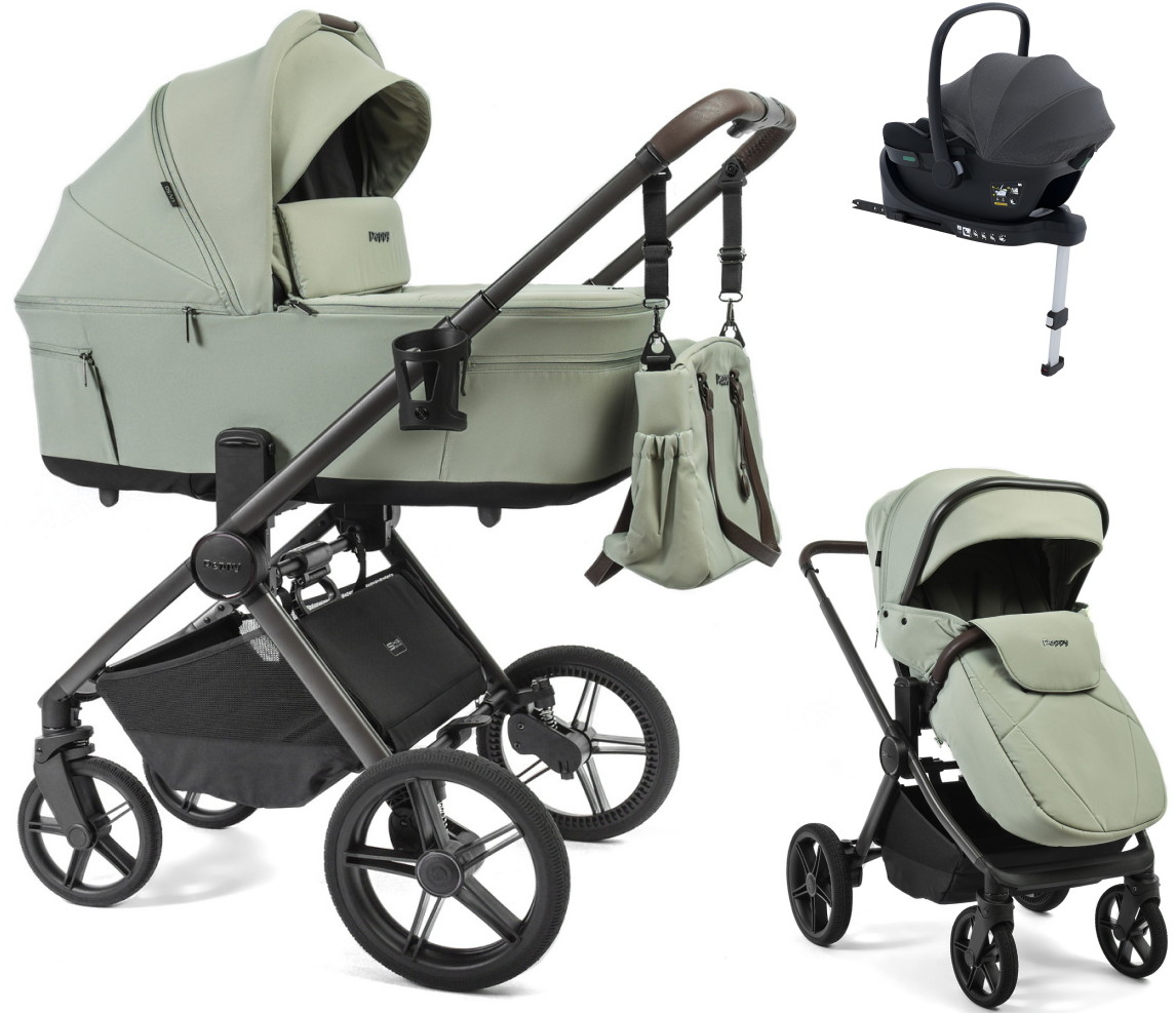 Детская коляска Peppy Soho 4 в 1 с автокреслом Jovikids Aria Black и базой Oregano (орегано), рама серо-бежевый