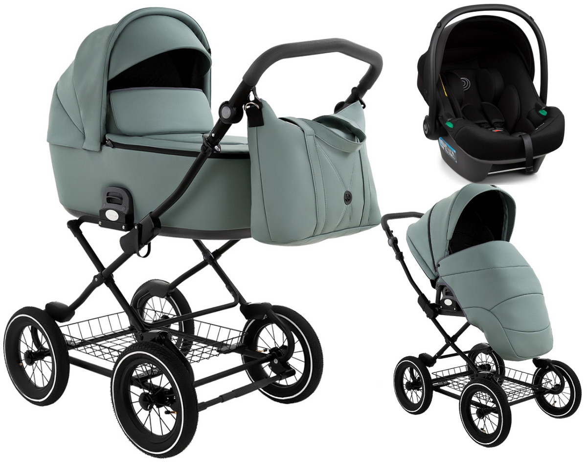 Детская коляска Roan Bass Next Classic Кожа d12 3 в 1 с автокреслом Elo Lux Black RCL303/1 Misty Mint/Grey