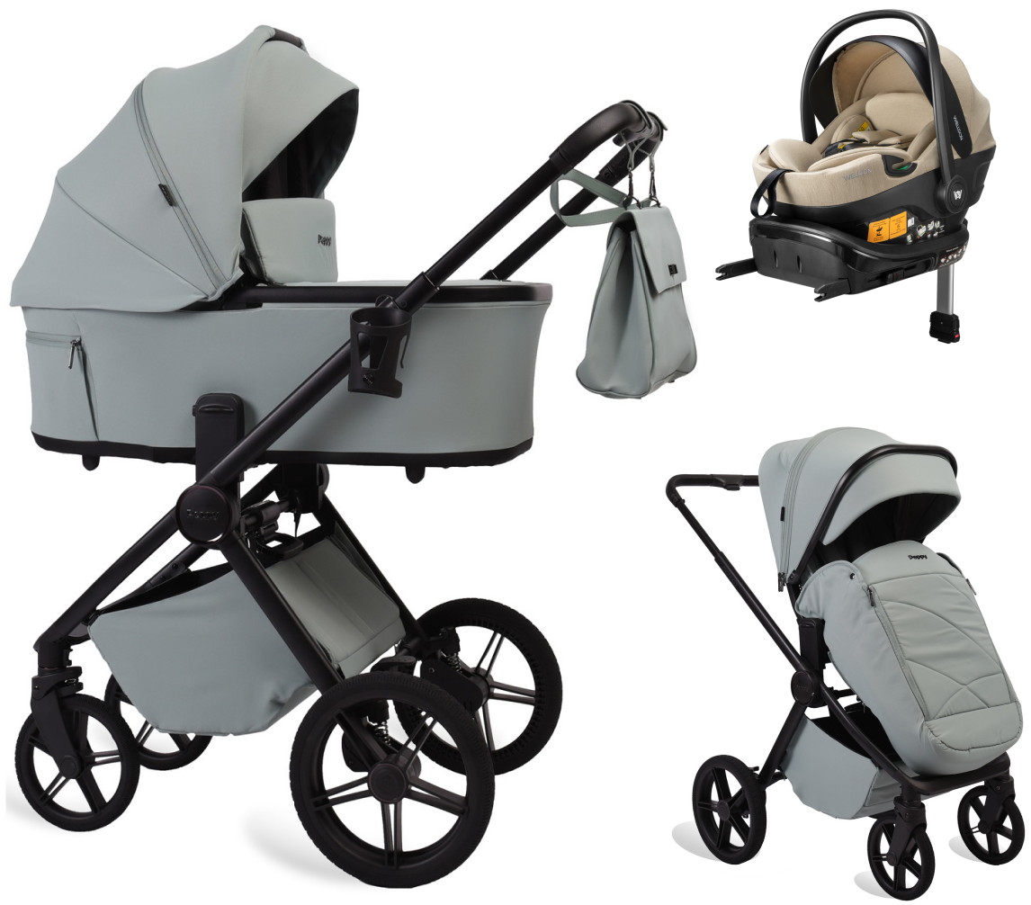 Детская коляска Peppy Monaco Plus 4 в 1 с автокреслом Welldon Crown 2 Beige и базой Mint (мятный), рама черная