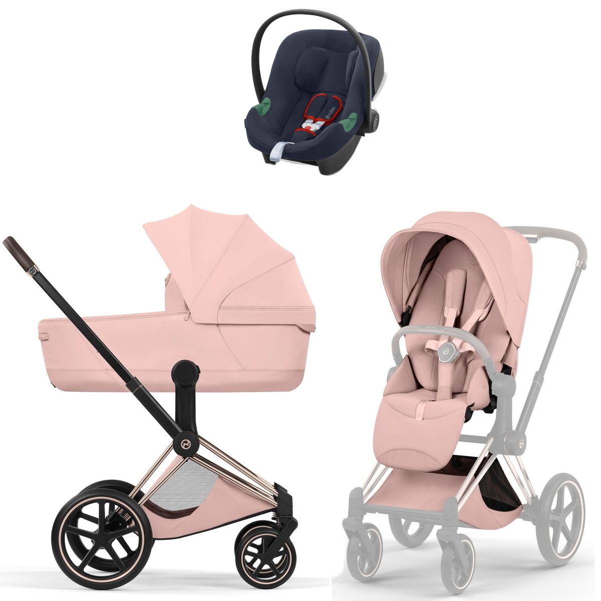 Коляска Cybex Priam V Rosegold Style Aton B2 Bay Blue 3 в 1 Peach Pink