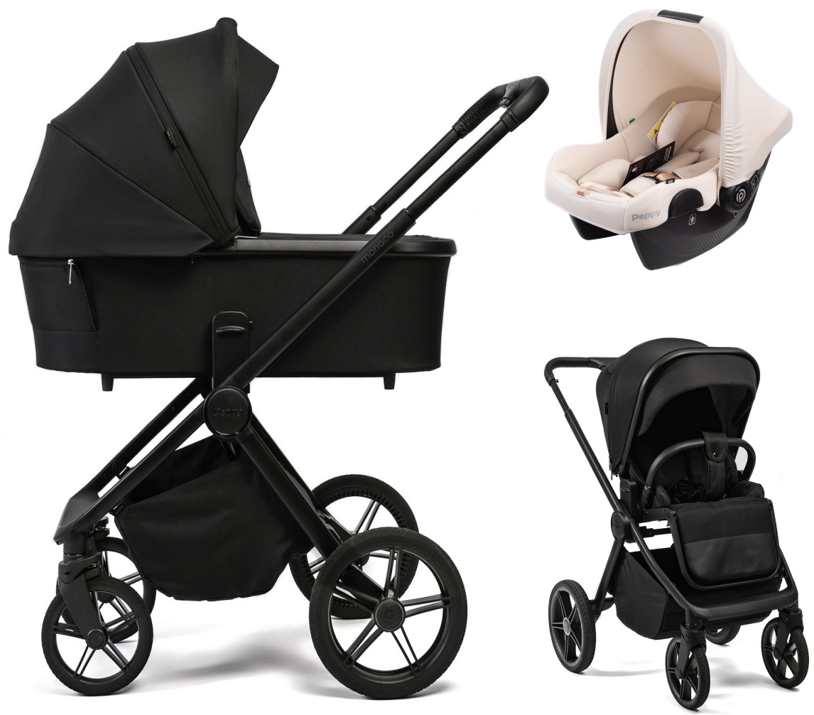 Детская коляска Peppy Monaco Plus 3 в 1 с автокреслом Rise Milk Black (черный), рама черная