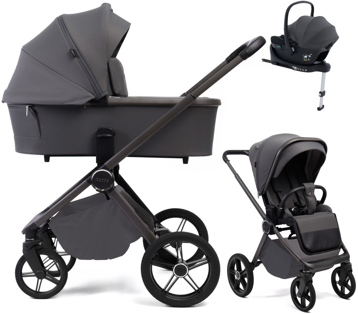Детская коляска Peppy Monaco Plus 4 в 1 с автокреслом Jovikids Aria Black и базой Antrazit (графитовый), рама серая