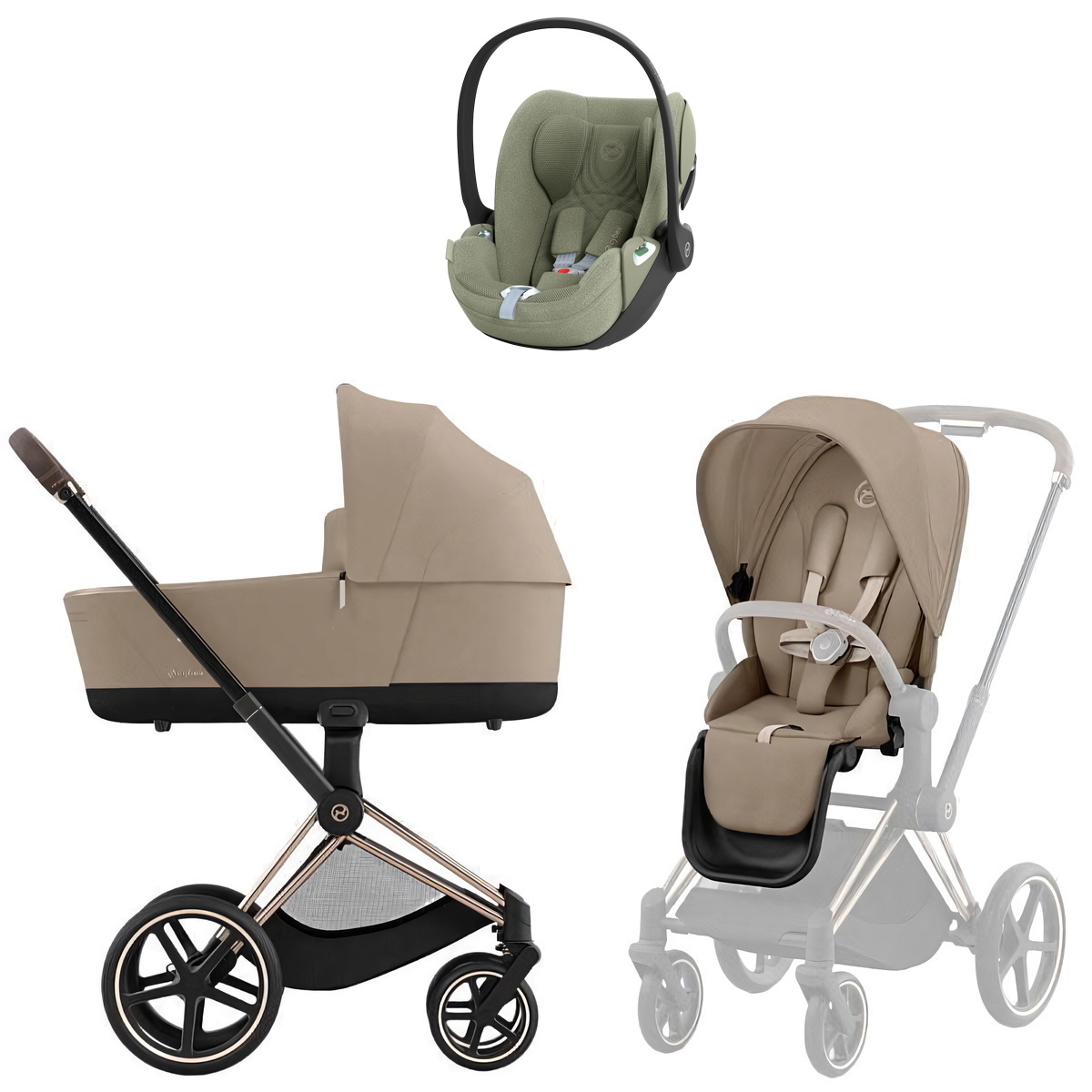 Коляска Cybex Priam IV Rosegold complete Cloud T Sage Green Plus 3 в 1 Cozy Beige