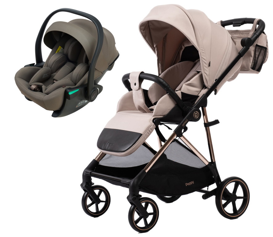 Прогулочная коляска Peppy Amici с автокреслом Jet Brown Beige рама Gold
