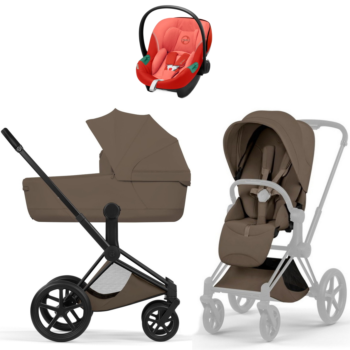 Коляска Cybex Priam V Matt Black Style Aton S2 Hibiscus Red 3 в 1 Coconut Brown
