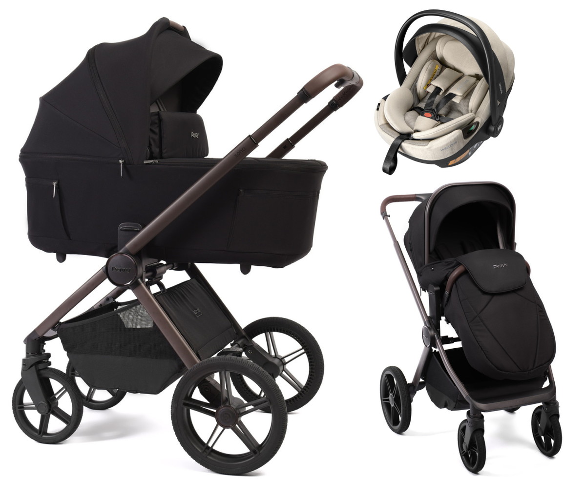 Детская коляска Peppy Soho 3 в 1 с автокреслом Welldon Crown 2 Black (черный) рама шоколад