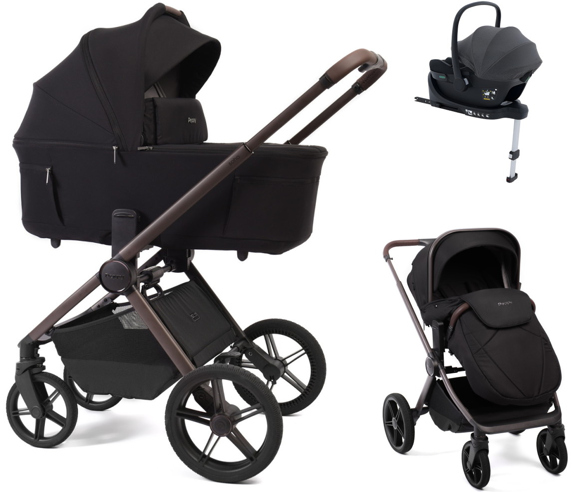 Детская коляска Peppy Soho 4 в 1 с автокреслом Jovikids Aria Black и базой Black (черный) рама шоколад