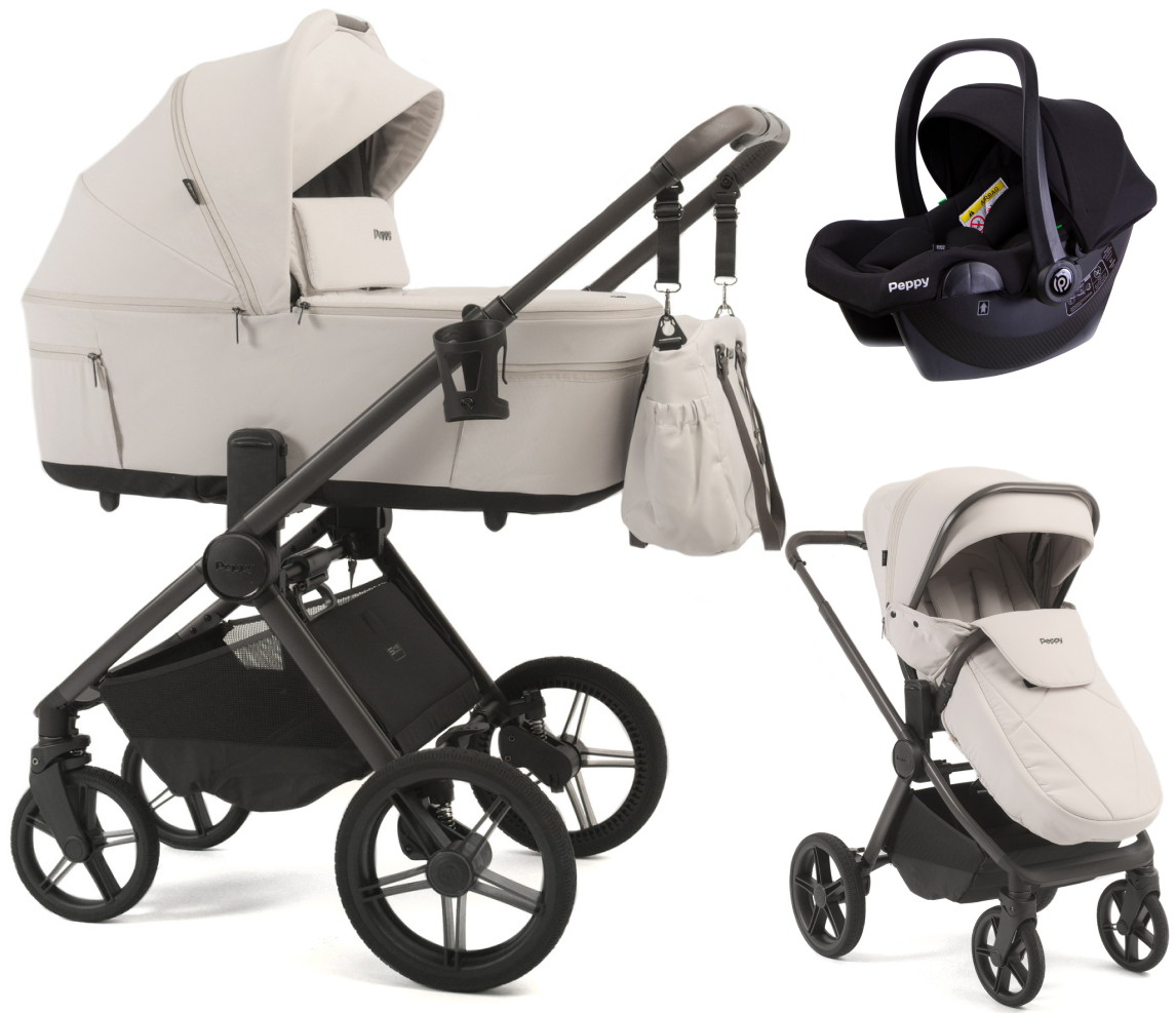 Детская коляска Peppy Soho 3 в 1 с автокреслом Rise Black Taupe (бежевый), рама серо-бежевый