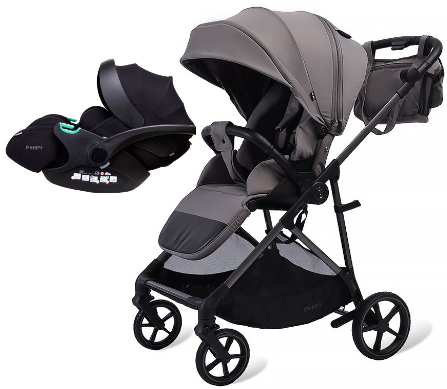 Прогулочная коляска Peppy Amici с автокреслом Verona Black Grey серый, рама серая
