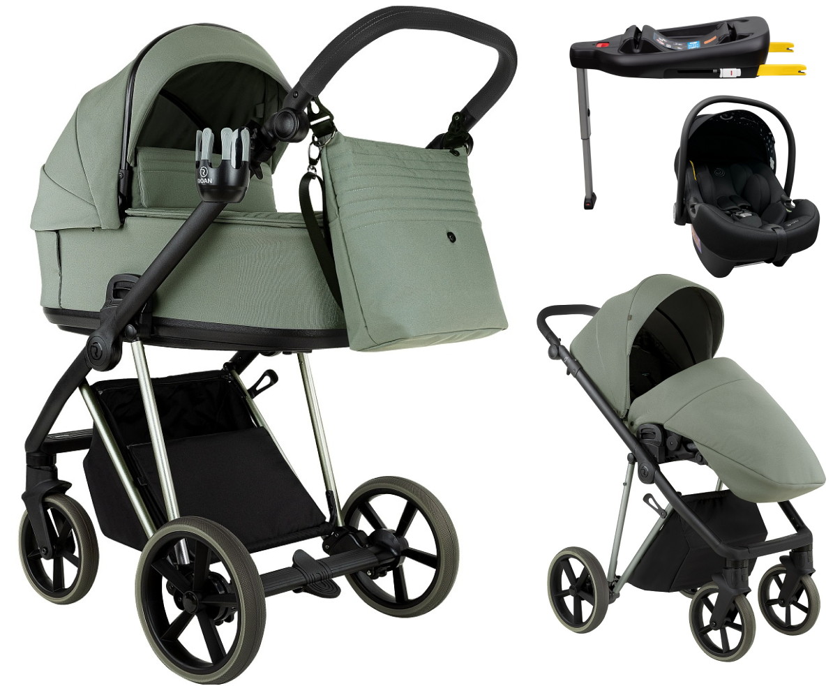 Детская коляска Roan Sol Vintage Luxury 2.0 4 в 1 с автокреслом Tutis Elo Lux EduSky Black и базой VIN 02/SG Sage Green/Sage/руч.Black