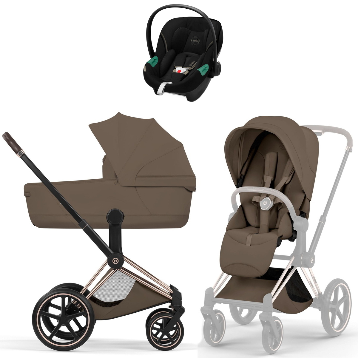 Коляска Cybex Priam V Rosegold Style Aton S2 Moon Black 3 в 1 Coconut Brown