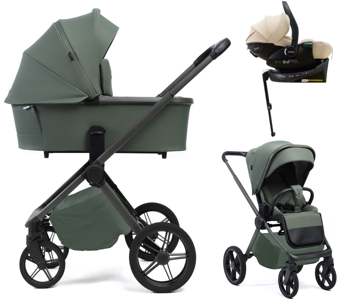 Детская коляска Peppy Monaco Plus 4 в 1 с автокреслом Jet Beige и базой Oliva Green (зеленый), рама серая