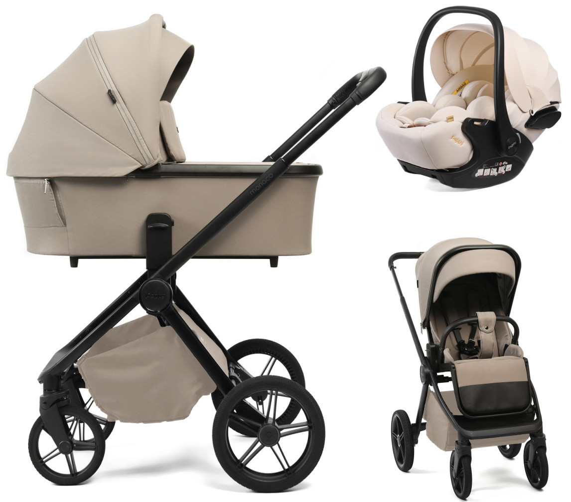 Детская коляска Peppy Monaco Plus 3 в 1 с автокреслом Verona Beige Sandstone (песочный), рама черная