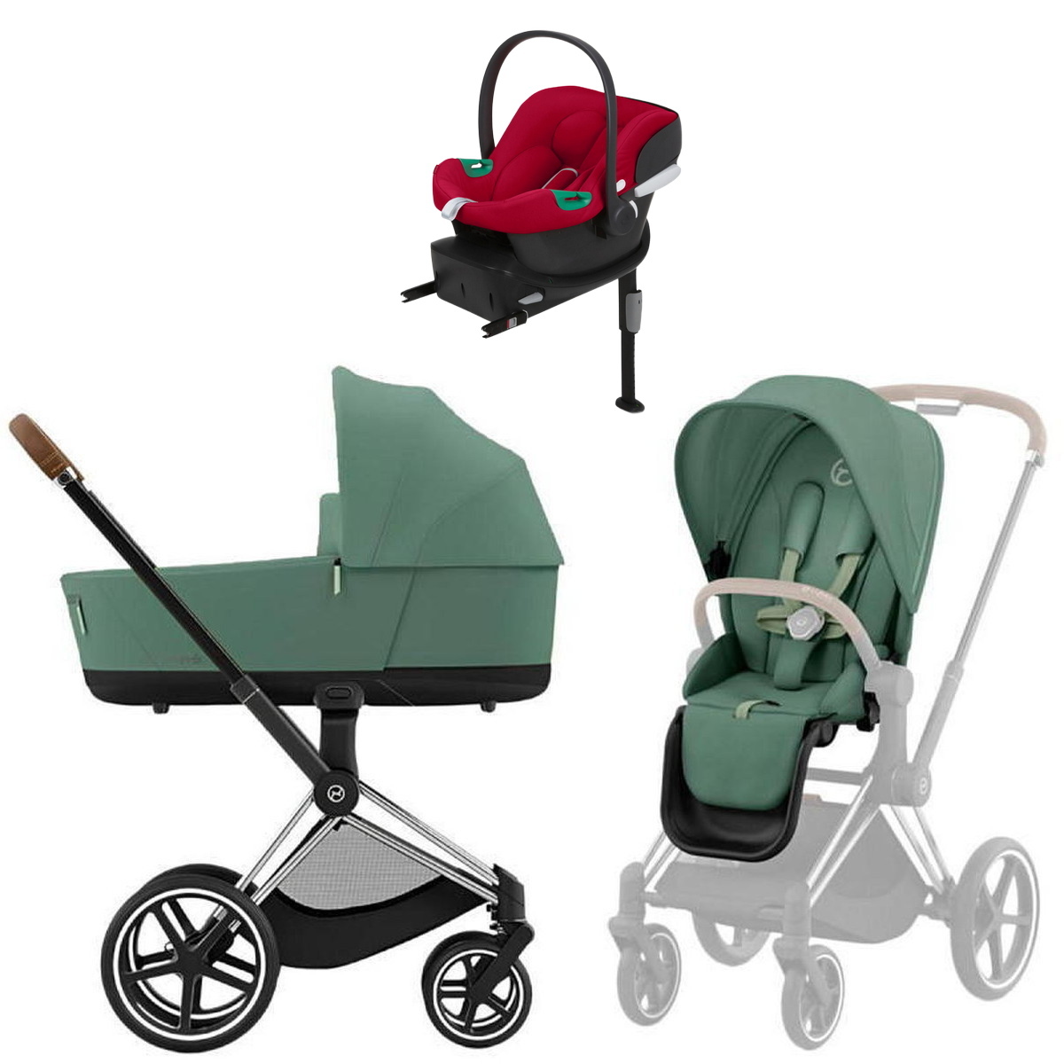 Коляска Cybex Priam IV Chrome Brown complete Aton B2 Dynamic Red Base One 3 в 1 Leaf Green