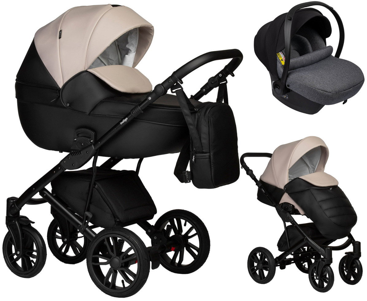 Детская коляска Indigo Mio Eco 3 в 1 с автокреслом Avionaut Cosmo Grey 04 черная кожа+св.бежевая кожа