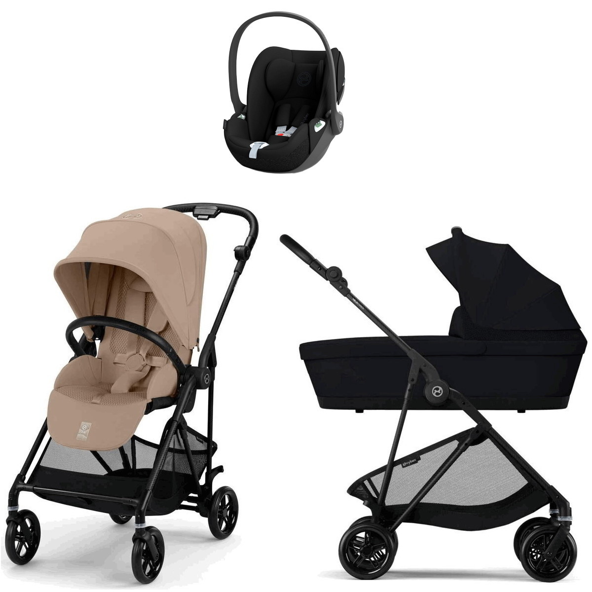 Коляска Cybex Melio Carbon Cloud T i-Size Sepia Black 3 в 1 Almond Beige/Magic Black с дождевиками