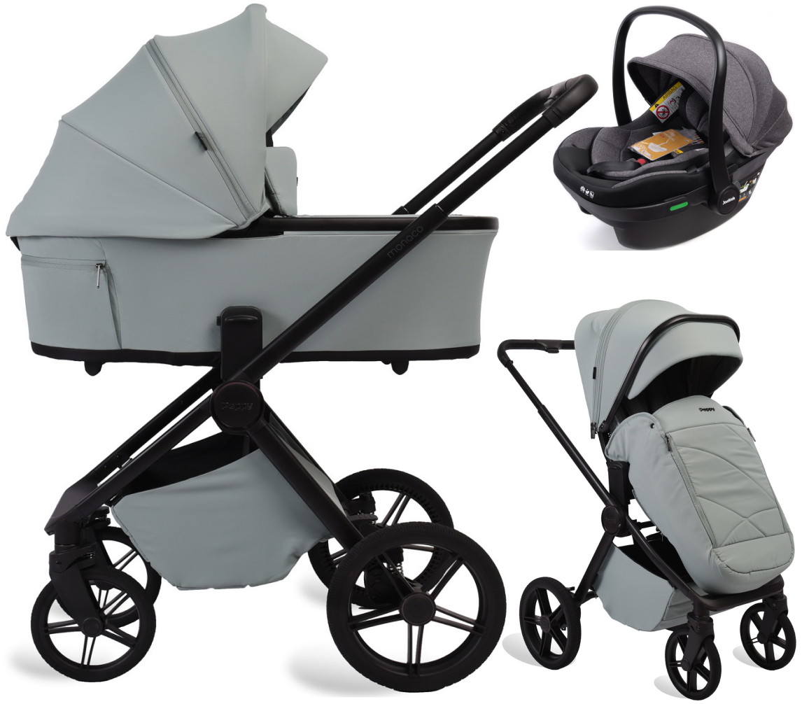 Детская коляска Peppy Monaco Plus 3 в 1 с автокреслом Jovikids Aria Black Mint (мятный), рама черная