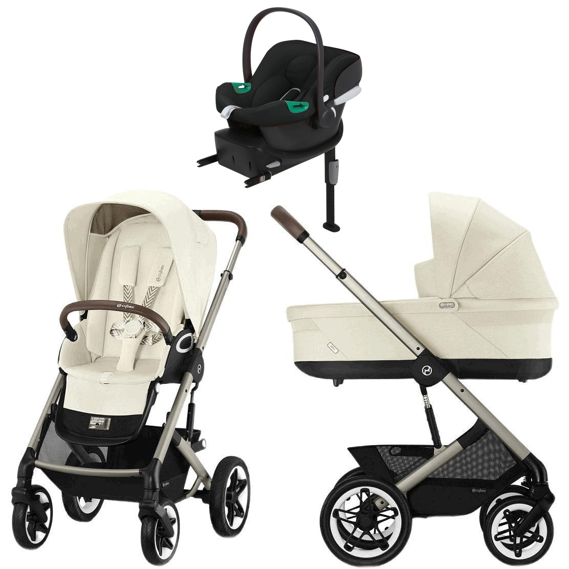 Коляска Cybex Talos S Lux TPE complete Aton B2 Volcano Black Base One 4 в 1 Seashell Beige с дождевиками