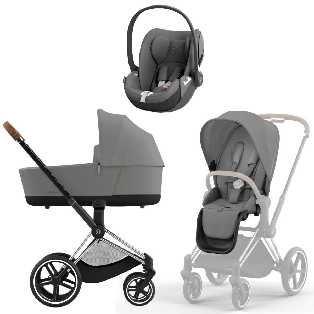 Коляска 3 в 1 Cybex Priam IV Chrome Brown complete и автокресло Cloud T i-Size Mirage Grey Mirage Grey