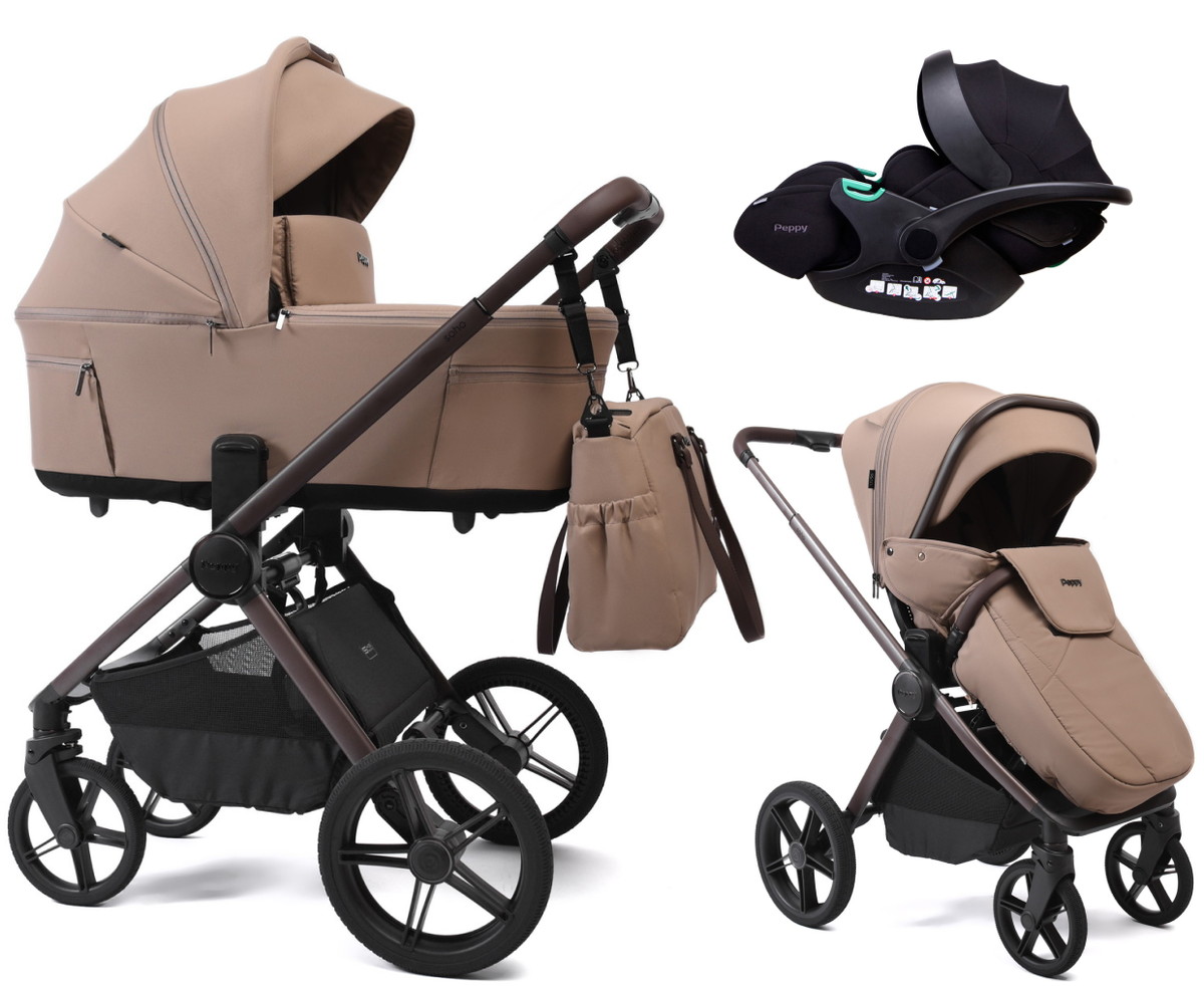 Детская коляска Peppy Soho 3 в 1 с автокреслом Verona Black Sand (песочный) рама шоколад
