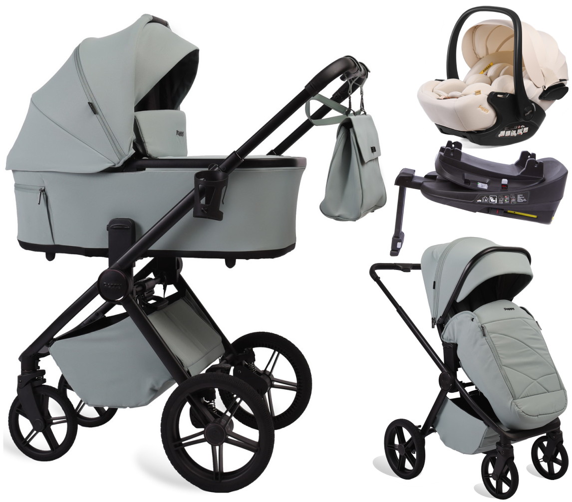 Детская коляска Peppy Monaco Plus 4 в 1 с автокреслом Verona Beige и базой Mint (мятный), рама черная