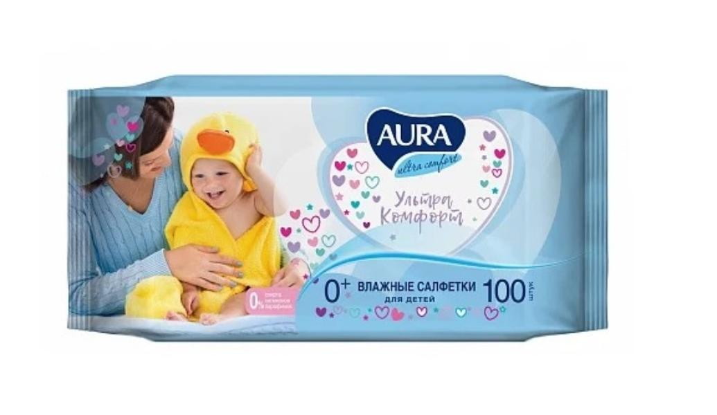 Салфетки влажные Aura для детей Ultra Comfort с алоэ и витамином Е 100 шт