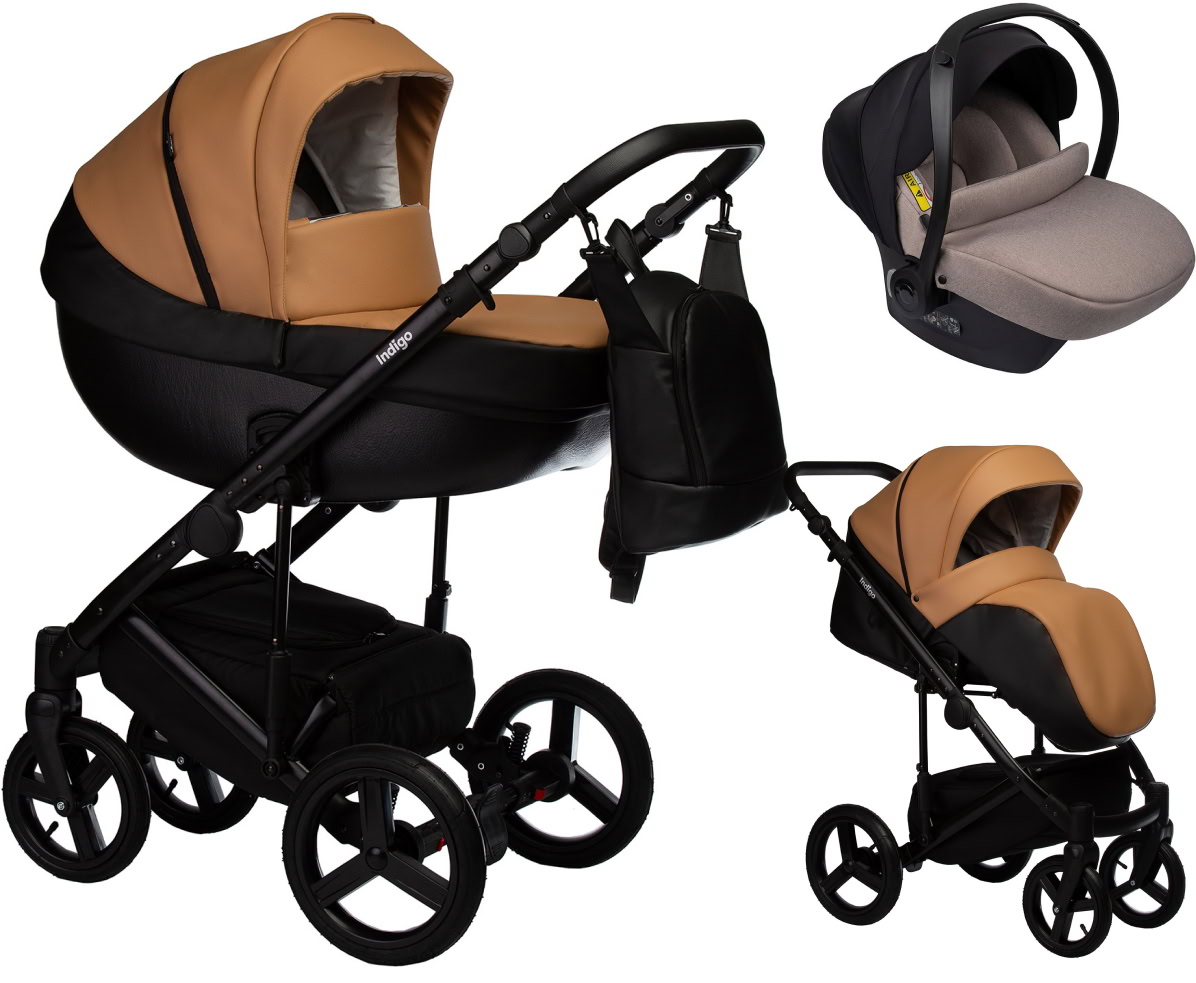Детская коляска Indigo Tour Eco 3 в 1 с автокреслом Avionaut Cosmo Beige Te05 черная кожа+рыжая кожа