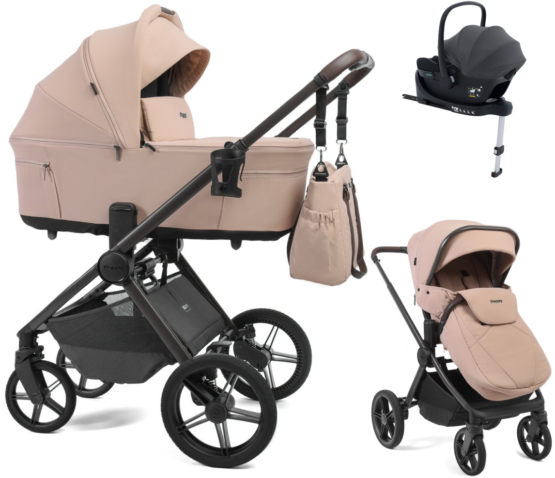 Детская коляска Peppy Soho 4 в 1 с автокреслом Jovikids Aria Black и базой Rose (пыльная роза), рама серо-бежевый