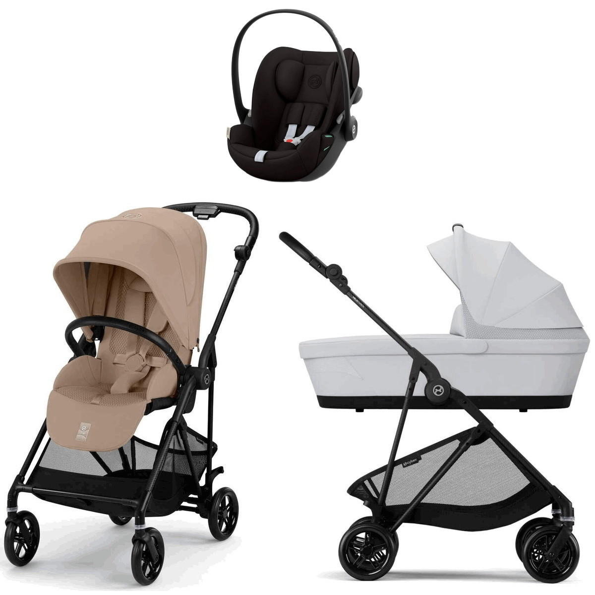 Коляска Cybex Melio Carbon Cloud G i-Size Magic Black 3 в 1 Almond Beige с дождевиком/Fog Grey