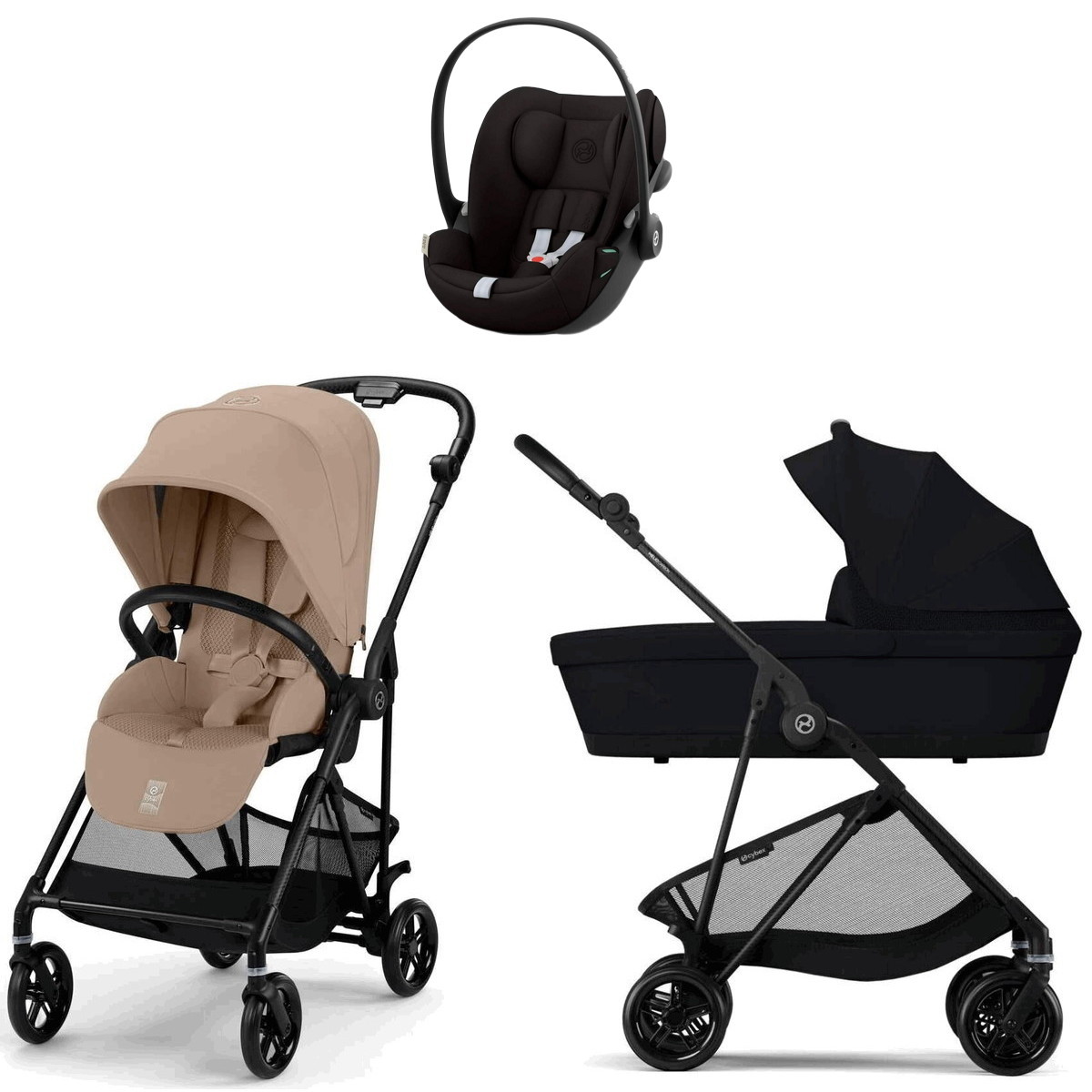 Коляска Cybex Melio Carbon Cloud G i-Size Magic Black 3 в 1 Almond Beige/Magic Black с дождевиками