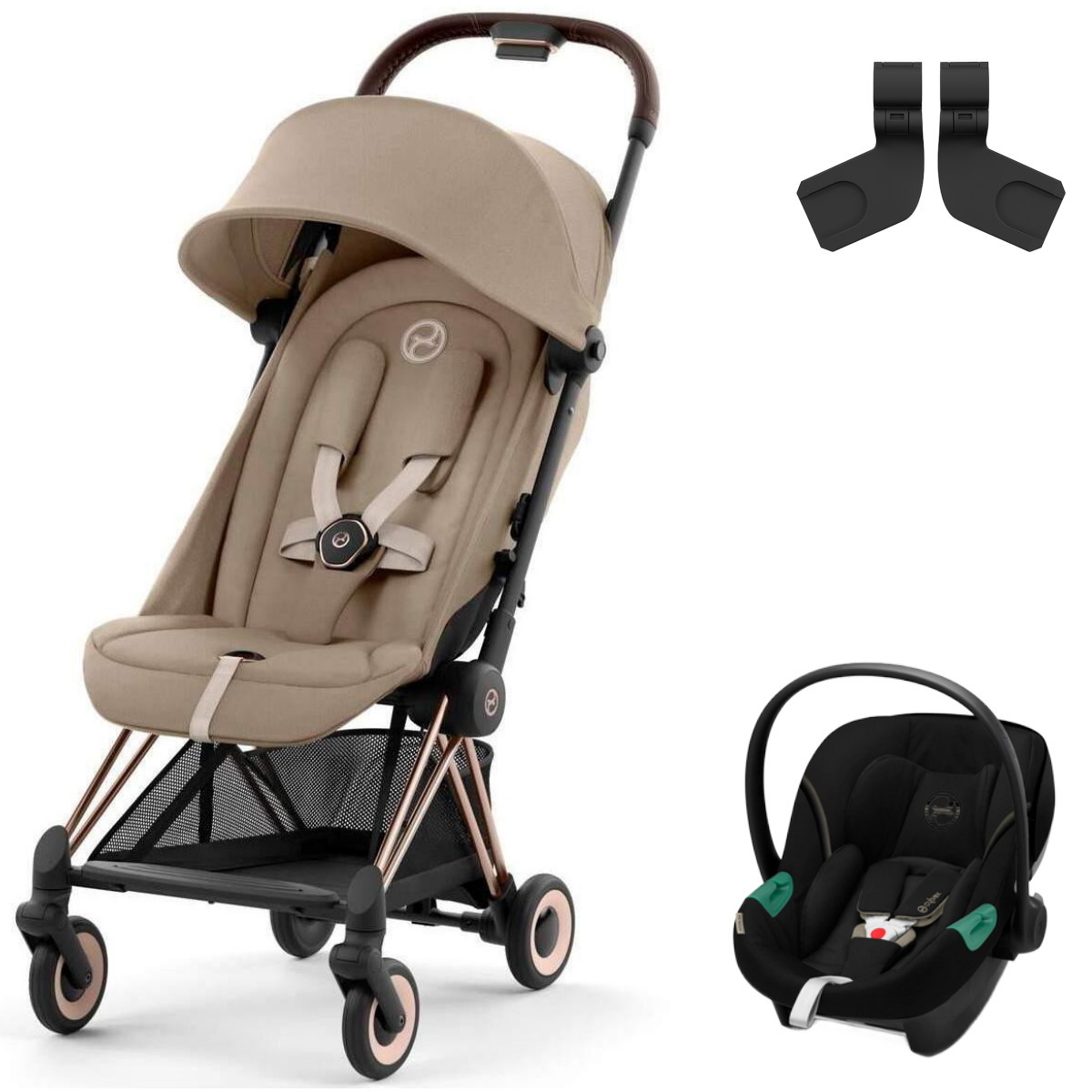 Коляска Cybex Coya Rosegold Frame Aton S2 i-Size Moon Black Cozy Beige с дождевиком и бампером